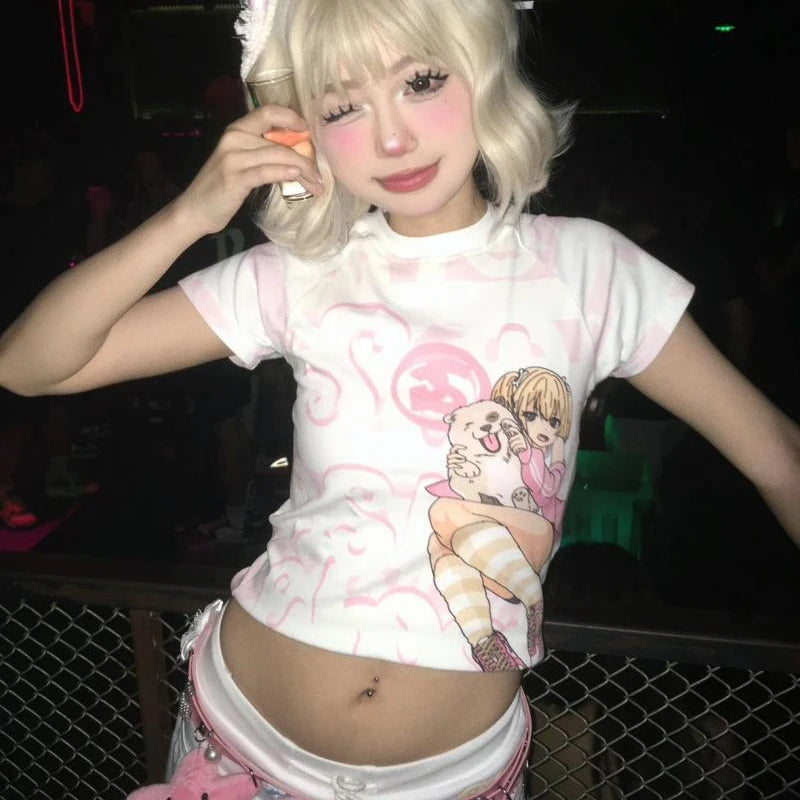 Deeptown Harajuku Kawaii Anime Graphic T Shirts Women Cutecore Cartoon Patchwork Tees Y2K Aesthetic Slim Crop Top Japanese 2000s SS69