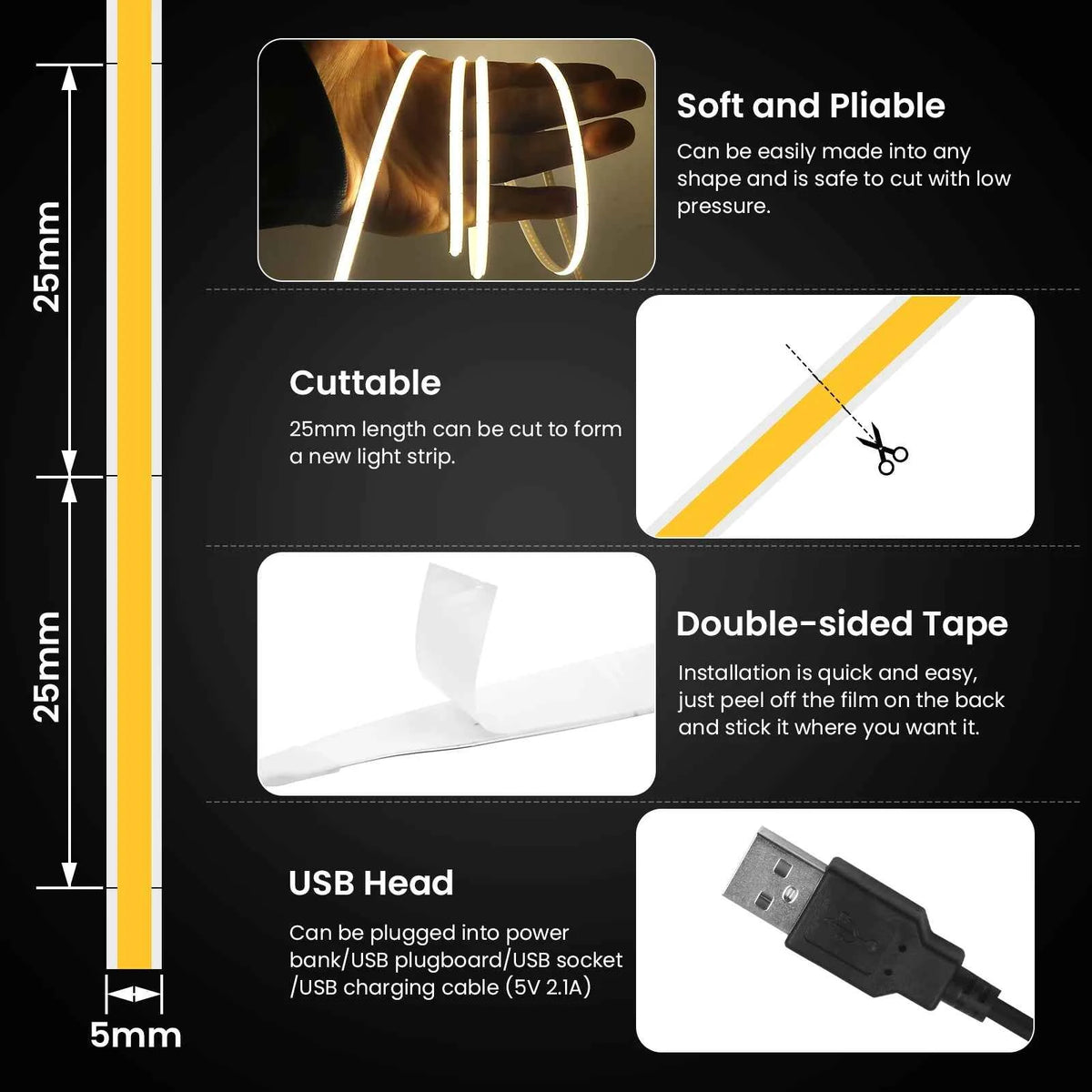 DC 5V USB COB Strip 3MM 5MM 8MM White/Pink/Red/White/Yellow/Yellow/Ice Blue/Green Flexible Ribbon Rope Home Decor TV Backlight