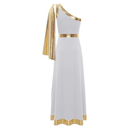 SS69 Womens One-Shoulder Greek Goddess Tunic Dress with Metallic Drape
