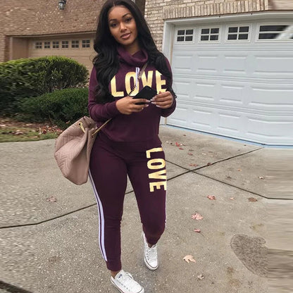 2 Piece Set Women Outfit LOVE Letter Print High Neck Hoodies Sweatshirt Pants Tracksuit 2022 Plus Size Streetwear Casual Suit SS69 20.69 PURPLE / XXL