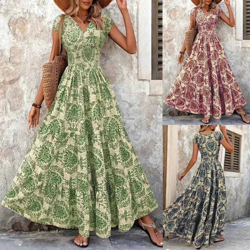 2026 Vintage Floral Print Dress Elegant V-Neck Short Sleeve Long Women's Fashion Retro Gown