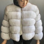 WGLUVF Women's Real Fox Fur Short O-Neck Coat
