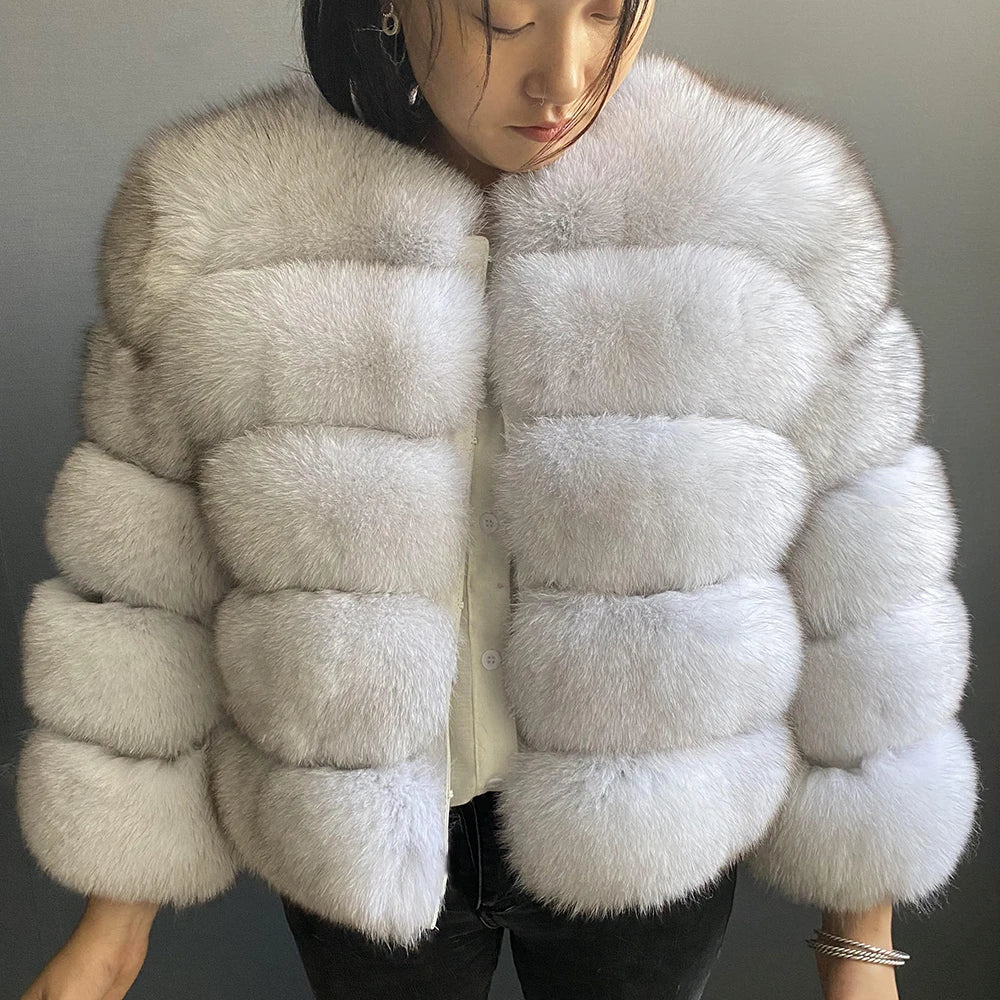 WGLUVF Women's Real Fox Fur Short O-Neck Coat