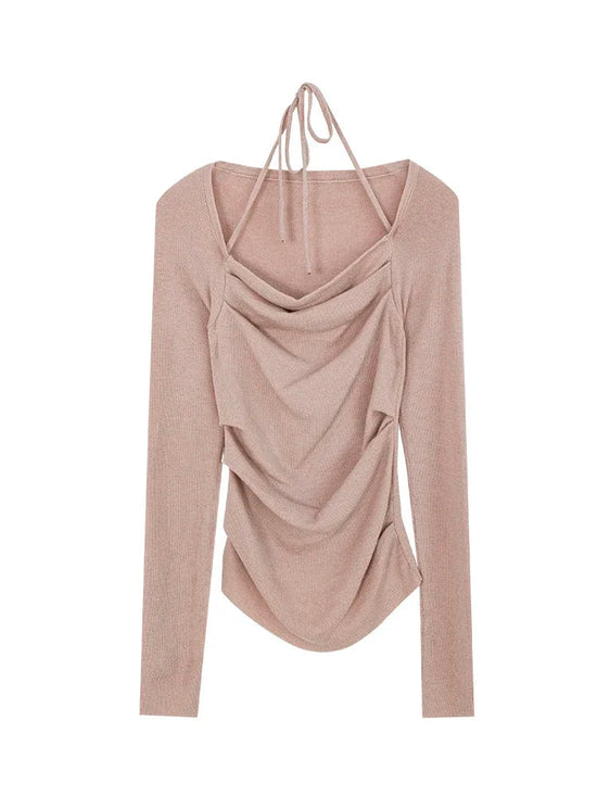 EGGKA Autumn One-shoulder Halter Neck Knitted Tops Women Slim Designer T-Shirts Slash Neck Long Sleeve Tops Korean Fashion Tees SS69