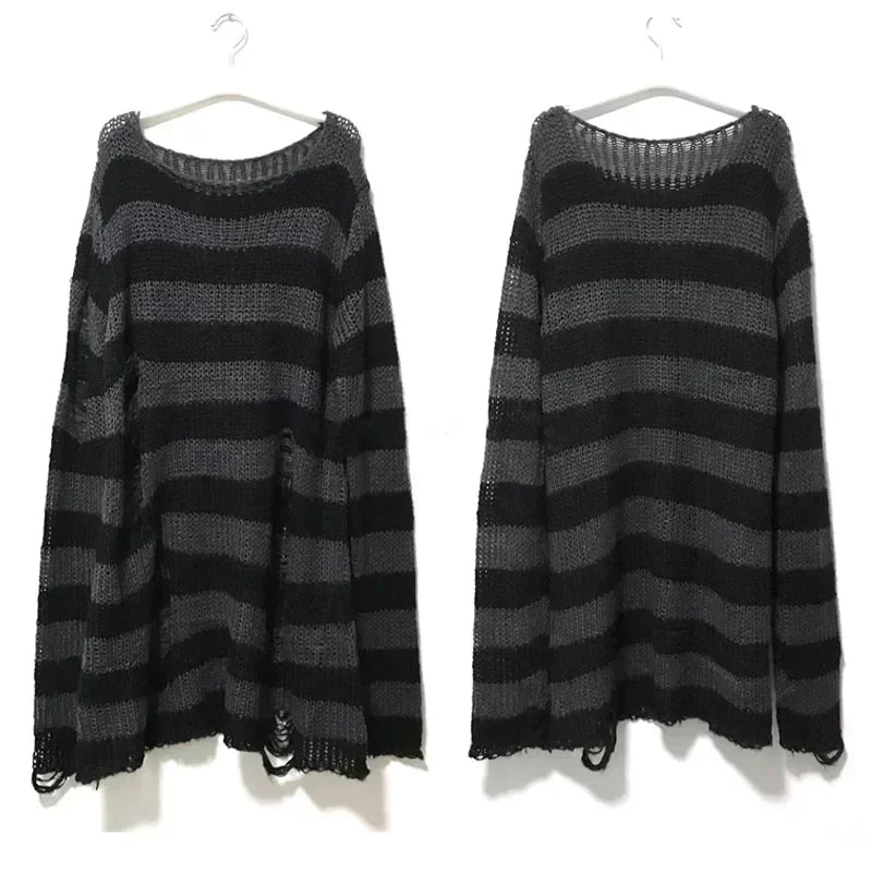 New Women's Punk Gothic Oversized Pullover Sweater Striped Hollow out Cool Harajuku Aesthetics Spring Autumn