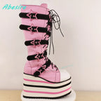 Star-Shaped Belt Buckle Knee High Boots Round Toe Platform Mixed Colors Women's Boots Cute Punk Zipper Patchwork Wedges Shoes