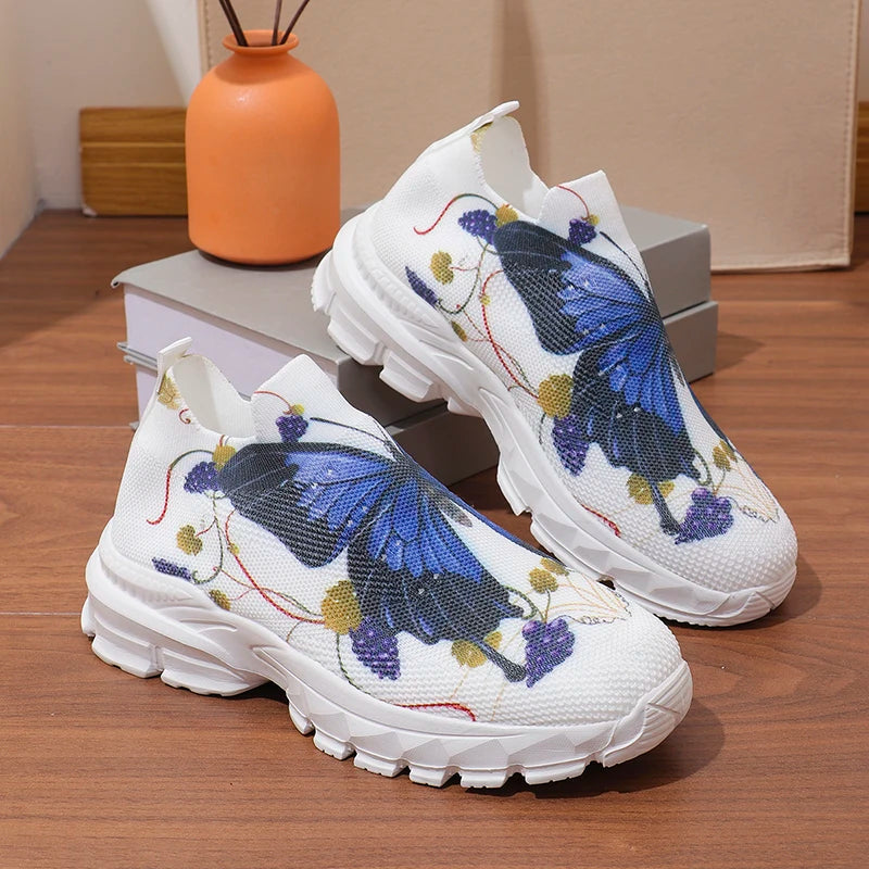 Fashion Butterfly Print Platform Sneakers for Women 2025 Autumn Non Slip Knitted Sports Shoes Woman Thick Sole Slip On Sneakers