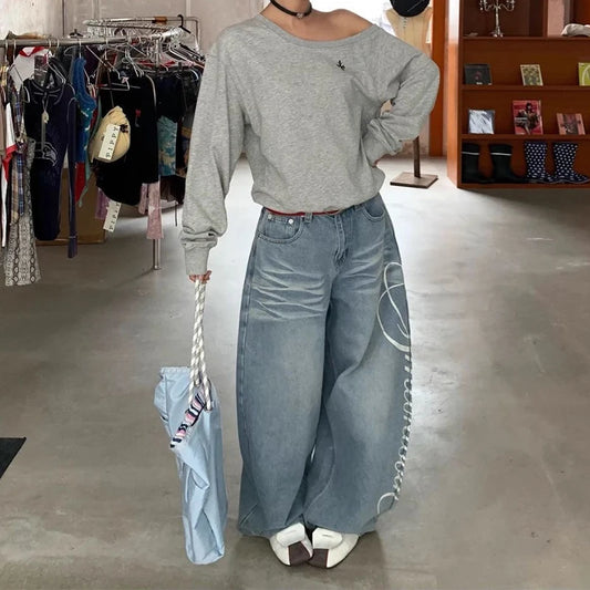 SS69 Women Blue Y2k Baggy Boyfriend Jeans Wide Leg Distressed Denim Pants