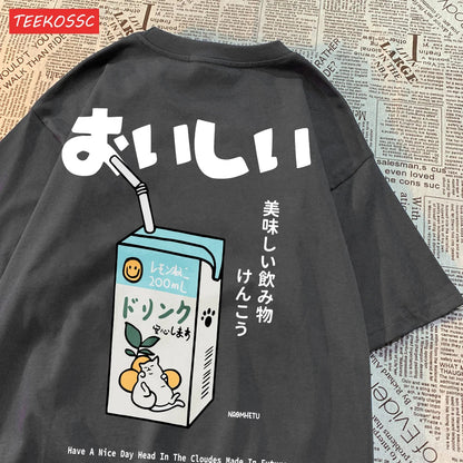 Cute Japanese Cat Print Oversized T-shirt Women Men Short Sleeve Loose Casual Tee Shirt Streetwear Tops Cotton Harajuku Clothing SS69 13.69 Dark Gray / XXXL