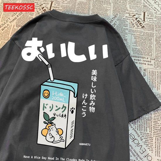 Cute Japanese Cat Print Oversized T-shirt Women Men Short Sleeve Loose Casual Tee Shirt Streetwear Tops Cotton Harajuku Clothing SS69 13.69 Dark Gray / XXXL
