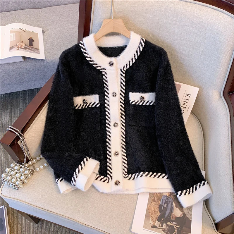 Vintage Elegant Plaid Knitted Cardigan Sweater For Women 2025 Autumn Winter Long Sleeve V-neck Tops Knitwear Fashion Chic Jumper SS69 37.69 black O Neck / XXL