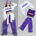 Girls K-Pop Street Dance Outfit: Purple Crop Top & Cargo Pants