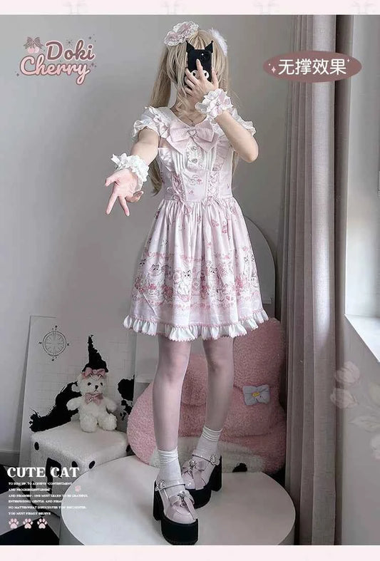 Original New Spring Summer Cute Print Short-sleeved Lolita OP Dress Japanese Sweet Girl Mass-produced Kawaii Bow Short Dresses