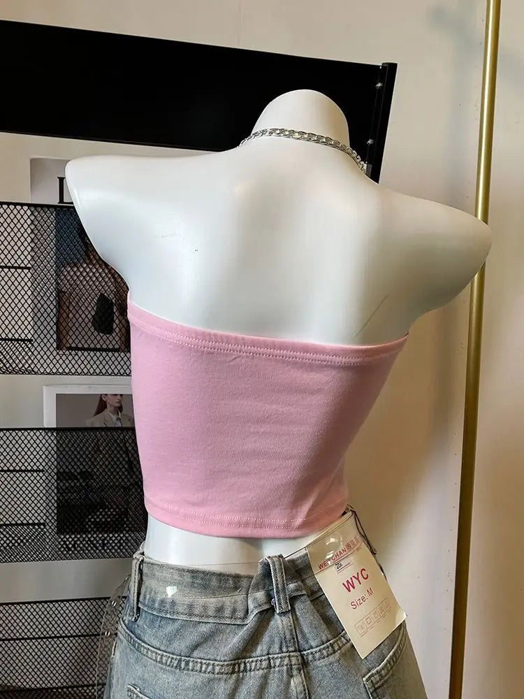 Crop Tops Fashion Summer Tanks Women Clothing Sweet Pink Letter Backless Tunic Camis Harajuku Chain Sexy Y2k Vest Ropa Mujer SS69