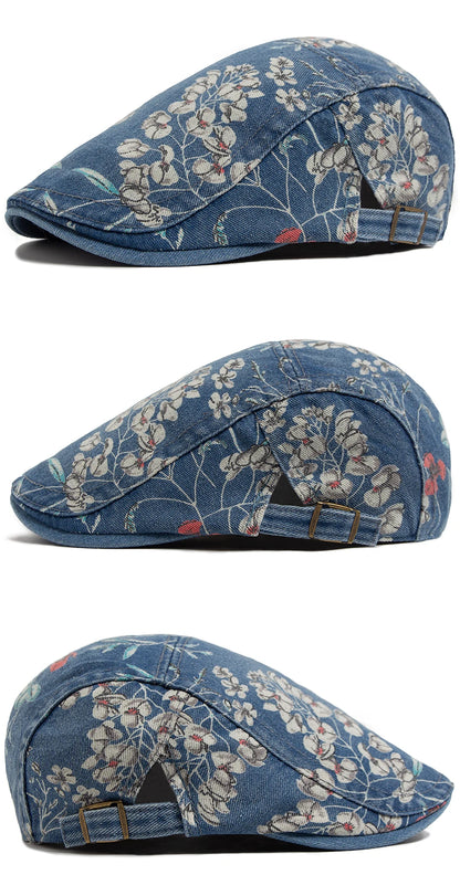 New Vintage Print Denim Beret Women Men Cotton Newsboy Cap Casual Visor Fashion Flat Hat Adjustable Berets For Spring Autumn