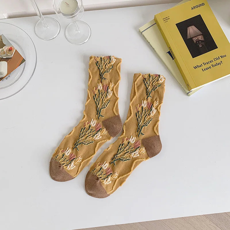 Fashion Harajuku Retro Floral Vintage Socks Woman Novelty Ethnic Elegant Cotton Casual Breathable Ladies Girls Dress Sox Autumn SS69 8.69 DT5H2 / 35 - 40