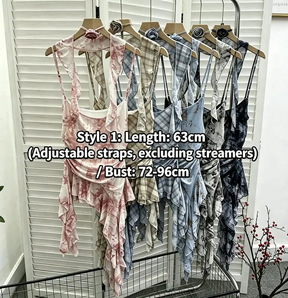 Women's Vintage Tie-dye Printed Mesh Spaghetti Strap Camisole Hot Girl Irregular Ruffled Ribbon Sleeveless Top Partyclub 1185