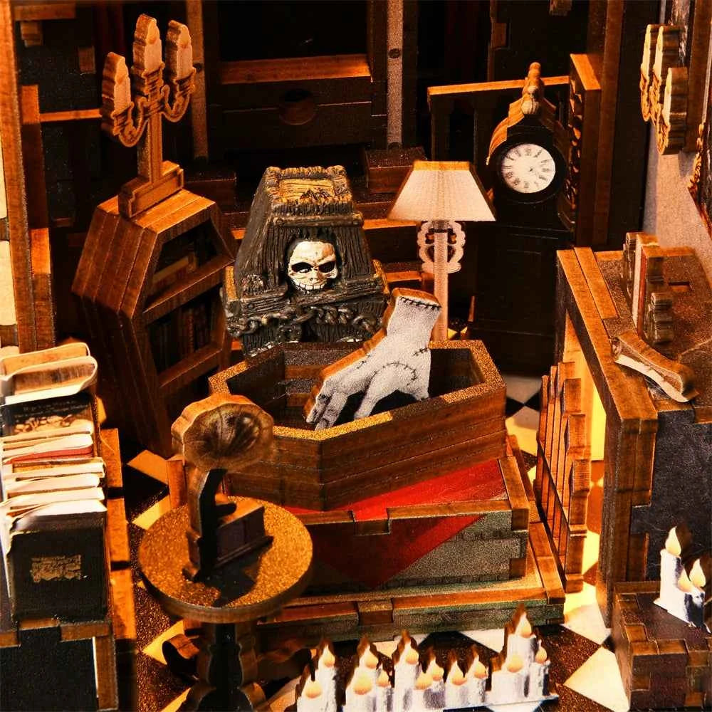 Book Nook Kit Dark Family DIY Wooden Puzzle Gothic style Halloween Bookshelf Dollhouse Model Bookend Building Home Decoration