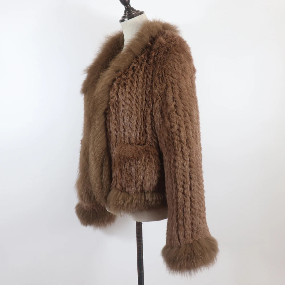 New Women Autumn Winter Knitted Real Rabbit Fur Coat 100% Natural Rabbit Fur Jacket With Fox Fur Collar Overcoat For Female