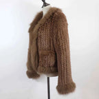New Women Autumn Winter Knitted Real Rabbit Fur Coat 100% Natural Rabbit Fur Jacket With Fox Fur Collar Overcoat For Female