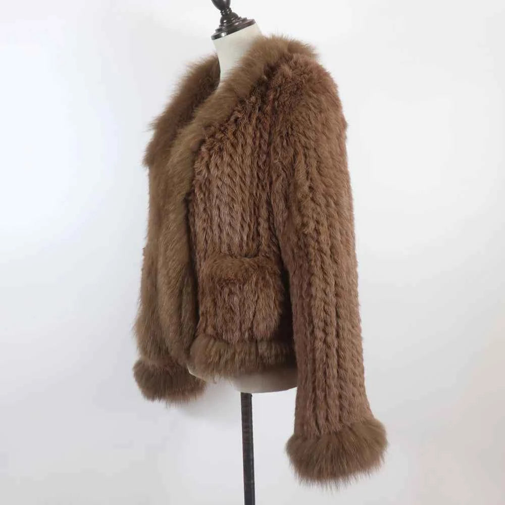 New Women Autumn Winter Knitted Real Rabbit Fur Coat 100% Natural Rabbit Fur Jacket With Fox Fur Collar Overcoat For Female