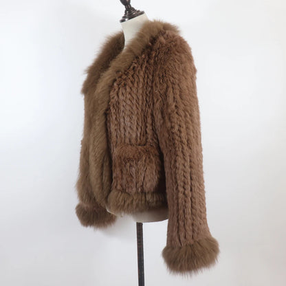 New Women Autumn Winter Knitted Real Rabbit Fur Coat 100% Natural Rabbit Fur Jacket With Fox Fur Collar Overcoat For Female
