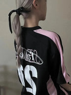 New Arriavl Korean Summer Black Pink Retro Patchwork 21 Jersey T-shirt Sports Breathable Short Sleeve Casual T-shirt for Women SS69