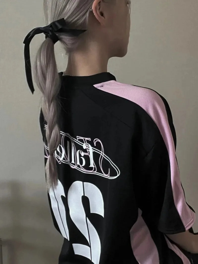 New Arriavl Korean Summer Black Pink Retro Patchwork 21 Jersey T-shirt Sports Breathable Short Sleeve Casual T-shirt for Women SS69