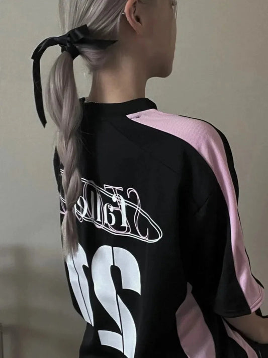 New Arriavl Korean Summer Black Pink Retro Patchwork 21 Jersey T-shirt Sports Breathable Short Sleeve Casual T-shirt for Women SS69