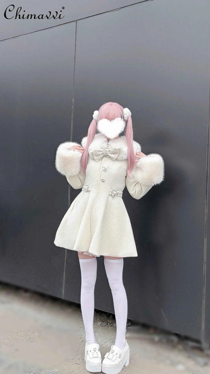 Original Japanese Mass-Produced Lace Jackets Girls Women Cute Bow Waist Cinch Heavy Drill Button Slim Fit Elegant Black Coat