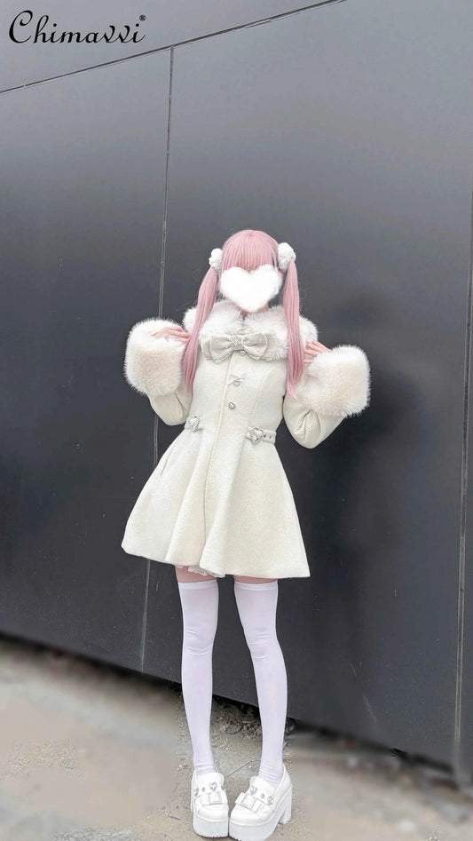 Original Japanese Mass-Produced Lace Jackets Girls Women Cute Bow Waist Cinch Heavy Drill Button Slim Fit Elegant Black Coat