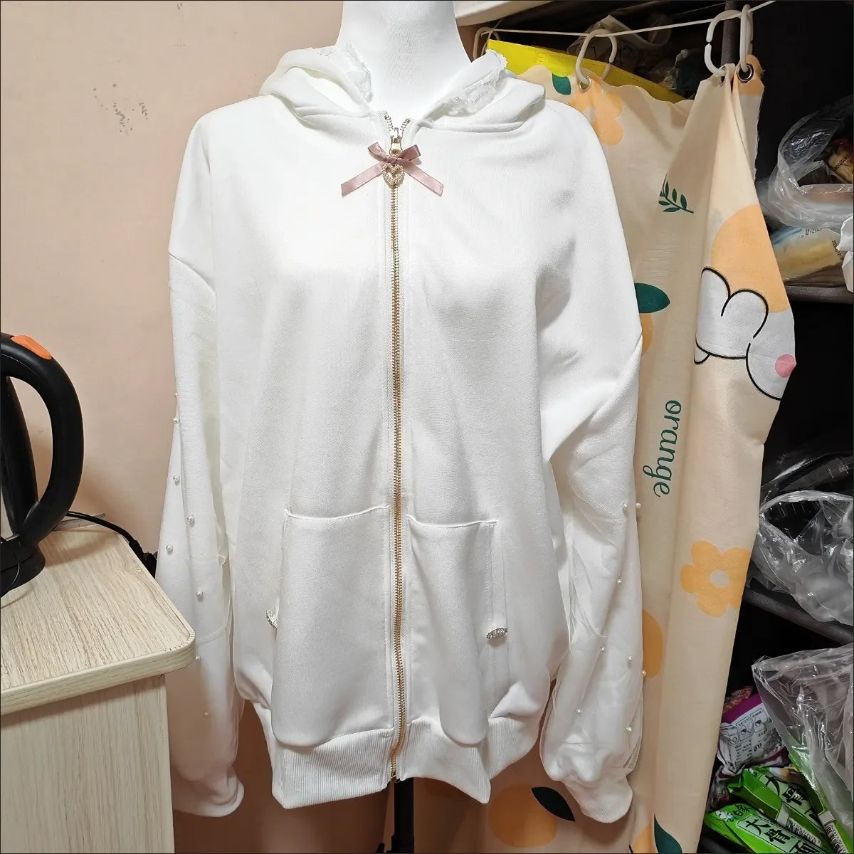 CHUJIECN Japanese Kawaii Bunny Ear Hoodie Women Lace Zipper Jacket