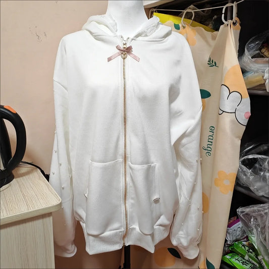 CHUJIECN Women's Japanese Kawaii Bunny Ear Hoodie with Lace and Zipper