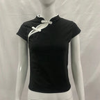 Women's Beige Chinese Style Cheongsam Blouse Vintage Mandarin Collar Short Sleeve Crop Top with Frog Button Keyhole Asymmetrical