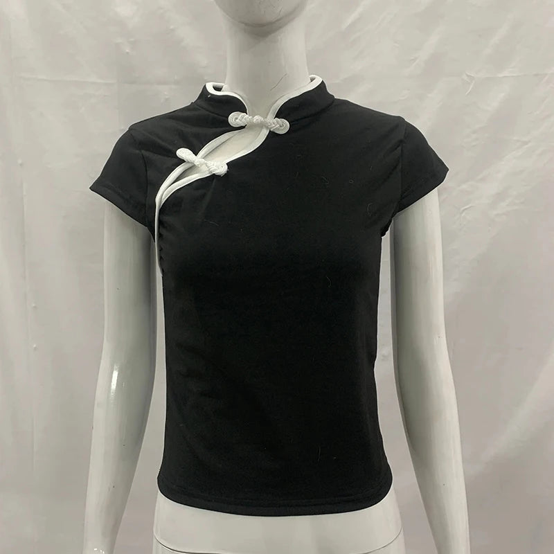 Women's Beige Chinese Style Cheongsam Blouse Vintage Mandarin Collar Short Sleeve Crop Top with Frog Button Keyhole Asymmetrical