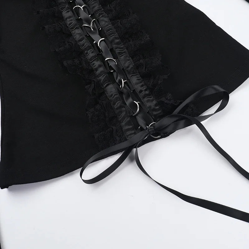 AltGoth Aesthetic Goth T-shirt Women Hotsweet Y2k E-girl 2000s Streetwear Lace Patchwork Square Collar Long Sleeve Crop Tee Tops - SS69