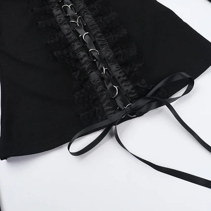 AltGoth Aesthetic Goth T-shirt Women Hotsweet Y2k E-girl 2000s Streetwear Lace Patchwork Square Collar Long Sleeve Crop Tee Tops - SS69