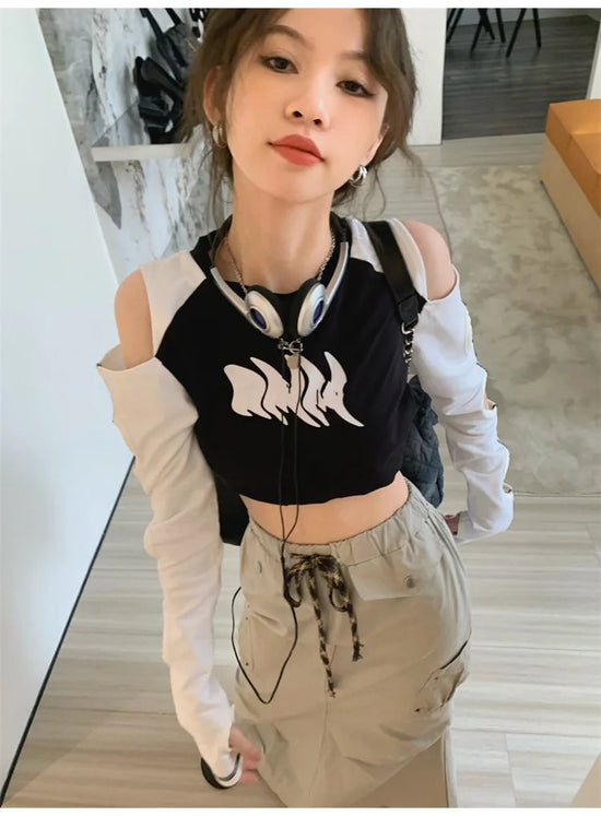 Female Off Shoulder Long Sleeve Tops European and American Sexy Women's Short Slim Navel Print T-Shirt Y2k Vintage Gothic Autumn SS69