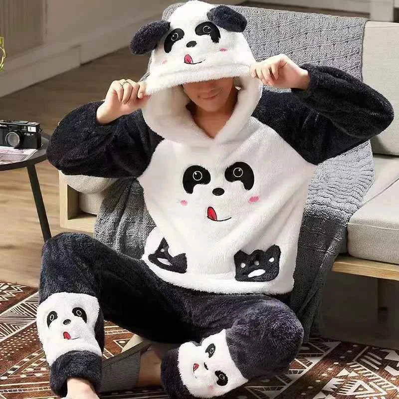 Adult Winter Thicken Sleepwear Pajamas Set Women Coral Fleece Pyjama Cartoon Deer Panda Hooded Homewear Loungewear Pijamas Suit