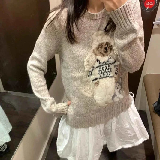 Limited Edition Autumn Winter Knitwear Embroidered Anti-Aging Crew Neck Sweater American Style Versatile Old Money Split Haier