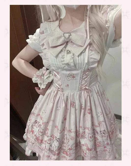 Original New Spring Summer Cute Print Short-sleeved Lolita OP Dress Japanese Sweet Girl Mass-produced Kawaii Bow Short Dresses