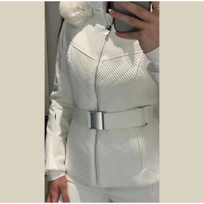 Fashion Solid Warm Ski Suit Women's Hood Fur Trim Full Sleeves Belt Coats High Waist Pants 2025 Winter Lady Windproof Tracksuit