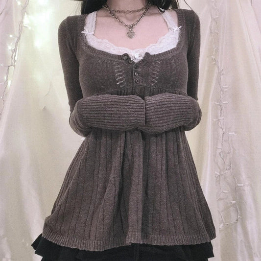 2000s Vintage Long Sleeve Babydoll Knitted Sweater Tops Cottage Milkmaid Pullovers Aesthetic Grunge Y2k Knitwear T-shirts Women SS69