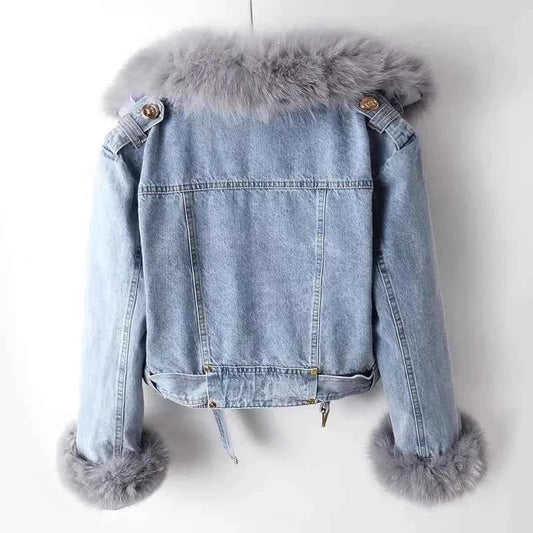 2026 New Women Faux Fox Fur Collar Jean Coat Winter Jacket Female Short Warm Parkas Rabbit Hair Lining Outwear Fashion Overcoat