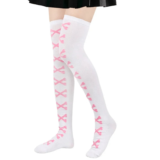 SS69 Women's Bone Print Thigh High Socks - Cotton Blend Cosplay Stockings