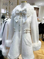 Japanese Sweet Cute Bow Pink Woolen Coat Winter New Versatile Lolita Girls Lace Love Warm Long Overcoat Liz Coat Women Clothes