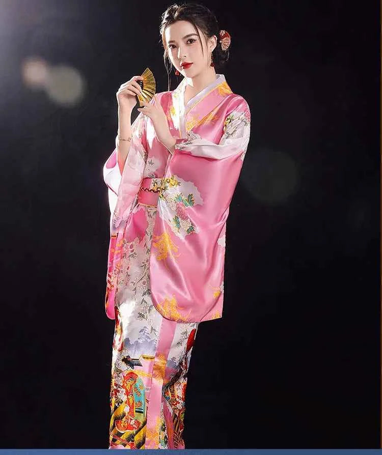 Women's Elegants Japanese Kimono Sexy Yukata with Obi Cosplay Costume National Novelty Evening Dress Printed Flower Geisha Gown