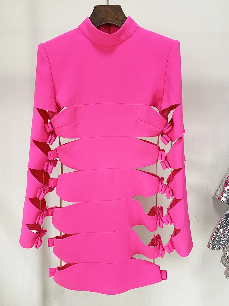 HIGH STREET 2024 New Stylish Designer Party Wear Women's Star Style Sexy Hollow Out Bow Dress Fluorescence Pink SS69