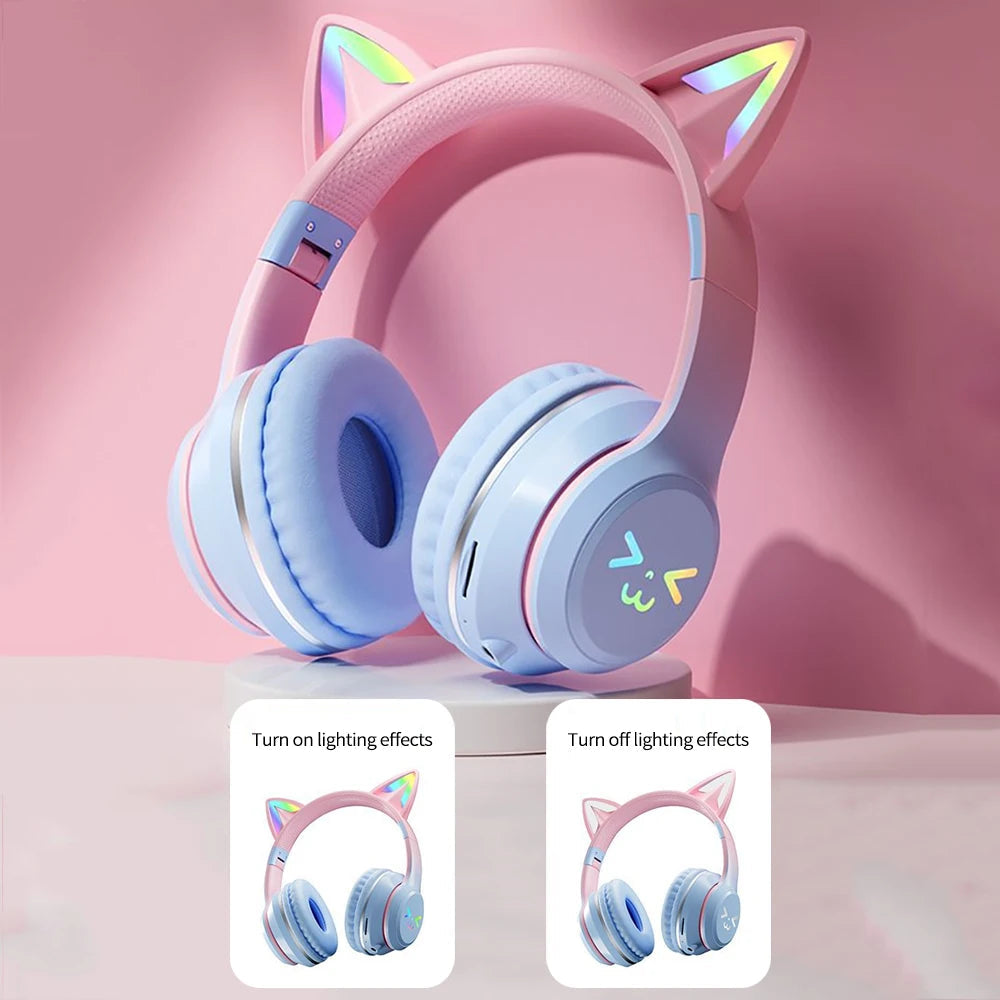 Gradient wireless Headphones RGB cute cat ear Bluetooth Earphones with microphone Stereo Music Game Earphone Girls Kids Gifts SS69