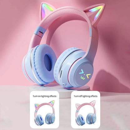 Gradient wireless Headphones RGB cute cat ear Bluetooth Earphones with microphone Stereo Music Game Earphone Girls Kids Gifts SS69